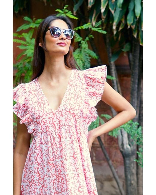 La Mandarine Pink Floral Summer Maxi Dress, Frilled Sleeve Cotton Summer Dress With Pockets, Coralie