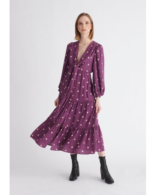 Paisie Purple Tiered Hem Polka Dot Dress