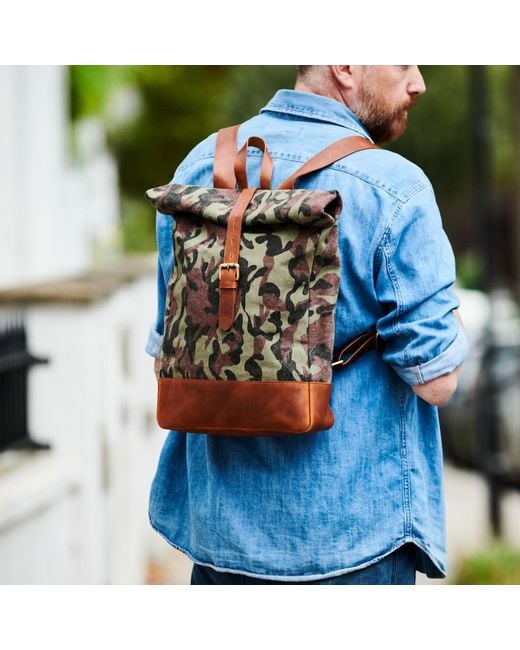 VIDA VIDA Green Camo Canvas And Leather Roll Top Backpack