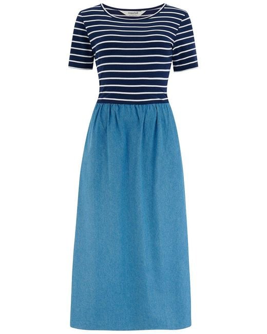 Sugarhill Blue Rhian Jersey & Woven Mix Midi Dress, Off, Stripe & Denim