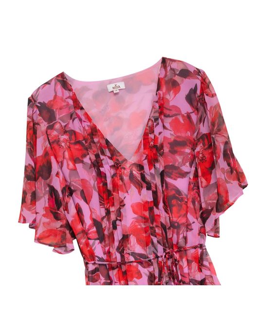 Niza Red Short Dress With Floral Print And Puff Sleeves