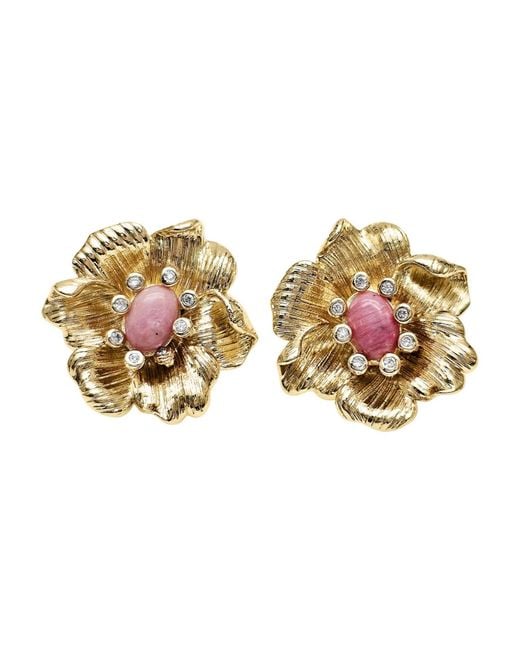 Farra Metallic Rhodonite Stone Flower Setting Statement Stud Earrings