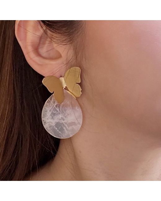 Rare Matters Jewelry Brown Spring Butterfly Rose Quartz Statement Earrings