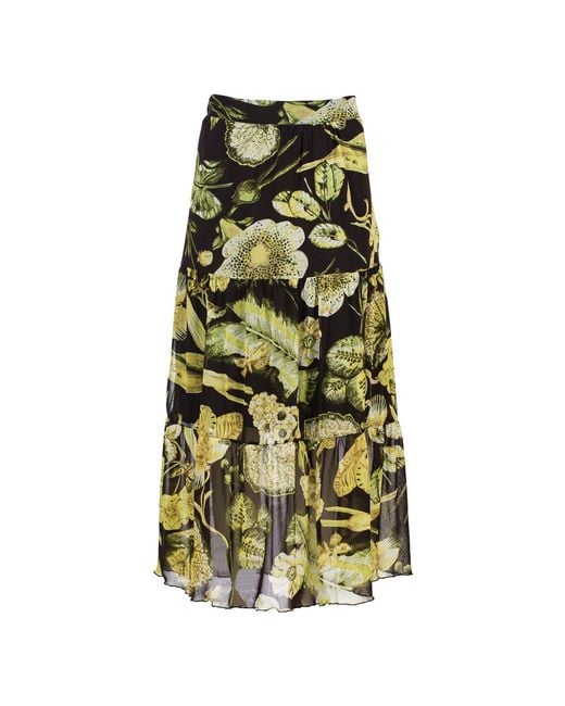 Conquista Green Floral Print Sheer Tiered Skirt – Semi-Maxi Length, Elastic Waist