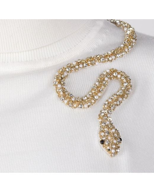 House of Laines London White Neutrals Laines Couture Wrap Crystal & Pearl Snake Embellished Knitted Roll Neck