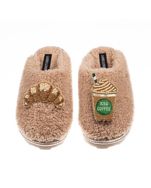 Laines London Brown Neutrals Teddy Closed Toe Slippers With Iced Coffee & Croissant Brooches