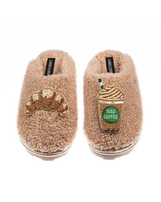 Laines London Brown Neutrals Teddy Closed Toe Slippers With Iced Coffee & Croissant Brooches