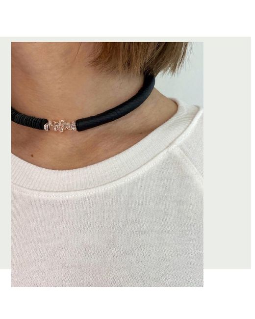 WAIWAI Black Leather Choker With Clear Quartz Crystals