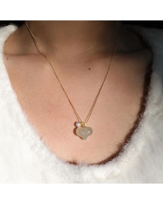seree Metallic Puffed Heart Jade & Pearl Pendant Necklace