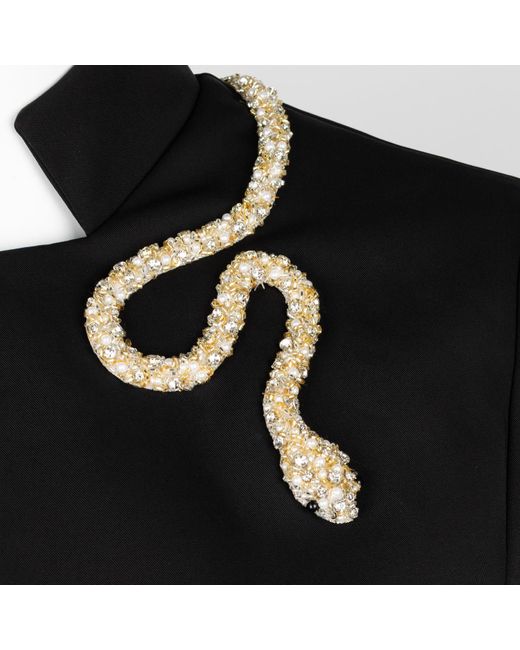 House of Laines London Black Laines Couture Tailored Cape With Embellished Crystal & Pearl Wrap Around Snake
