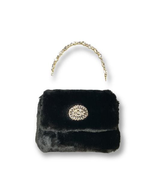 DAMAPREZIOSA Black Victoria Jeweled Handle Bag – Vegan Fur