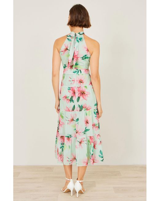 Yumi' White Mint Floral Halter Neck Midi Dress With Matching Belt