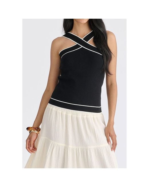Paisie Black Contrast Detail Crisscross Halterneck Knit Top