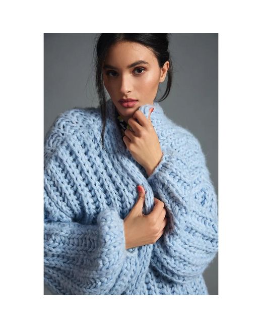 Saachi Blue Chunky Knit Oversized Sky Cardigan Sweater