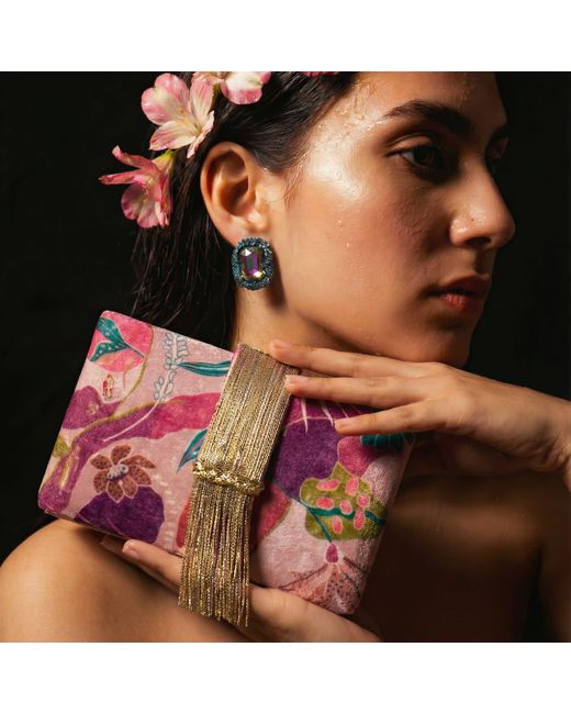 Simitri Purple Petals Fringe Clutch Bag