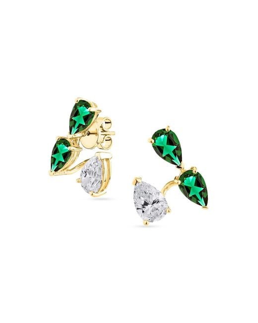 SALLY SKOUFIS Green Pure Suspended Stud Earrings With Made Emeralds & Cz Diamond Stimulant