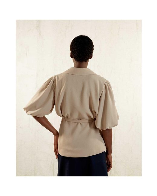 Femponiq Natural Draped Puff Sleeve Tailored Blouse