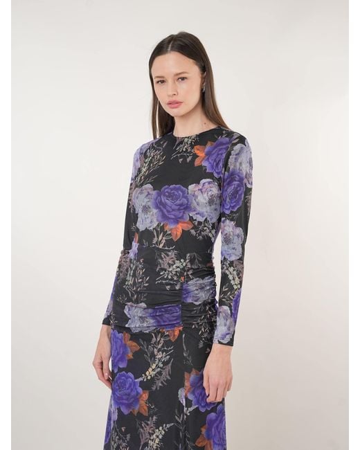John Abgin Blue Floral Mesh Gathered Midi Dress