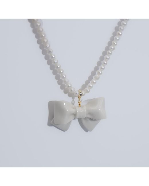 H2 Studio White Bowtie Maniac Large Ceramic Bowtie Round Freshwater Pearl Necklace