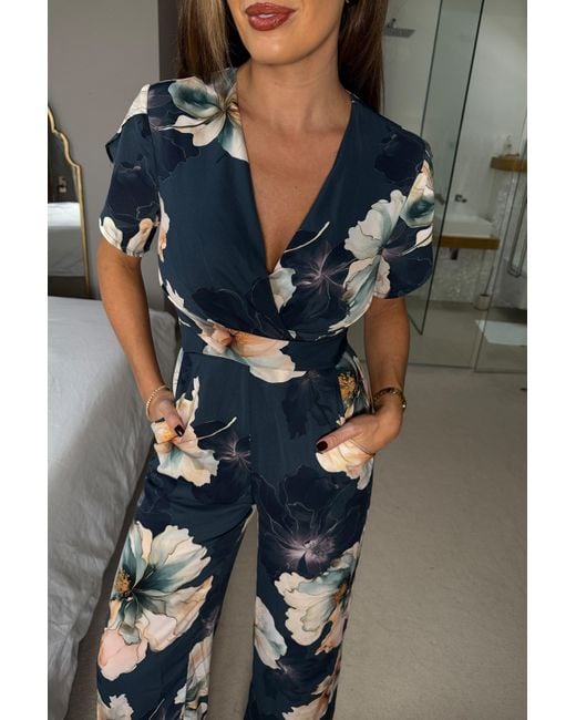 Girl In Mind Blue Bridget Twist Font Split Arm Jumpsuit Floral