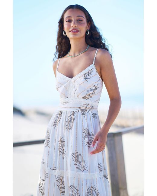 Yumi' Blue Neutrals Ivory Foil Print Midi Sun Dress With Lace Trims