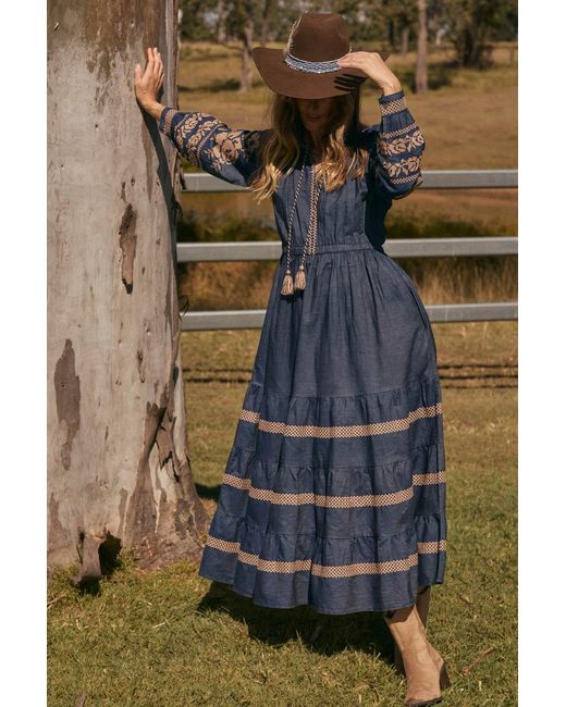 Adrift Clothing Blue Tabitha Embroidered Chambray Dress