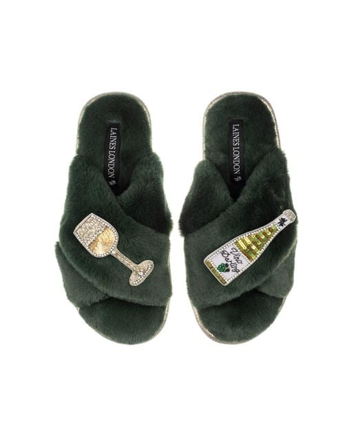 Laines London Green Classic Laines Slippers With Vino Darling Brooches