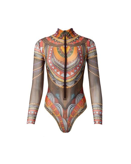 Rodasoleil Smart Swimwear Brown Tan-Through Mesh One-Piece Zipper Swimsuit With Sleeves Africa