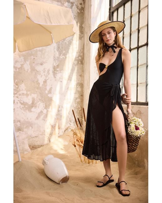 Lilamie Black Carmen Elastic Waist Asymetric Cut Beach Skirt