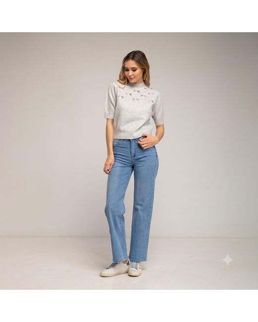 Tantra Spain Sl Gray Short-Sleeved Sweater With Embroidered Birds