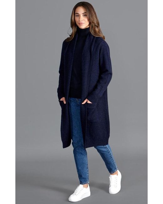 Paul James Knitwear Blue Pure Lambswool Long Line Liberty Cardigan With Pockets