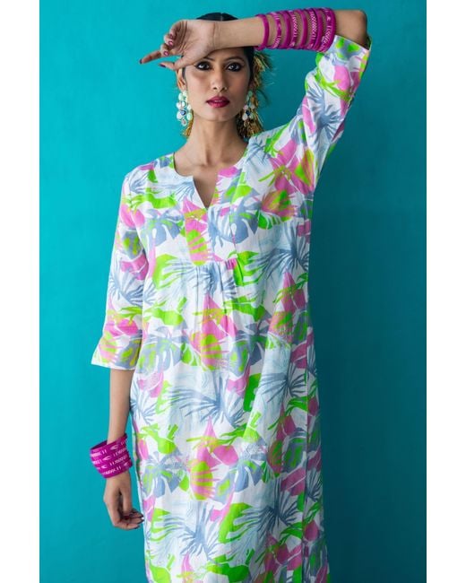 NoLoGo-chic Green Fern Leaf Maxi Dress Linen Multi