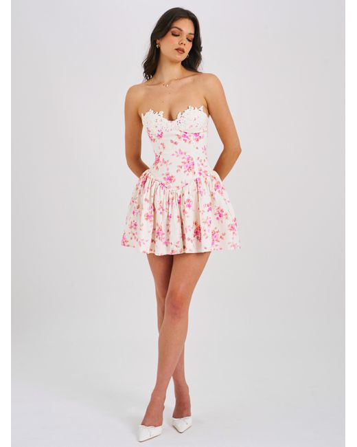 Miss Circle New York Pink Samara Floral Drop Waist Linen Corset Puffy Mini Dress