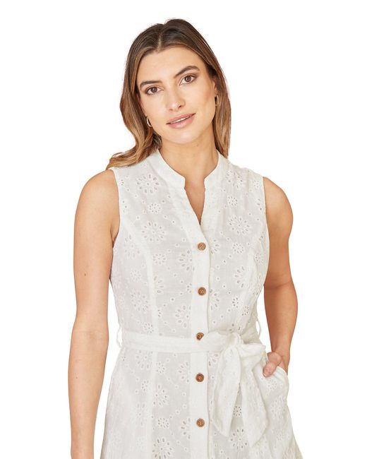 Yumi' White Flower Broderie Anglaise Cotton Shirt Dress