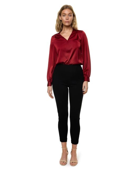 Carloslines Red V-Neck Pleat Detail Balloon Long Sleeve Blouse