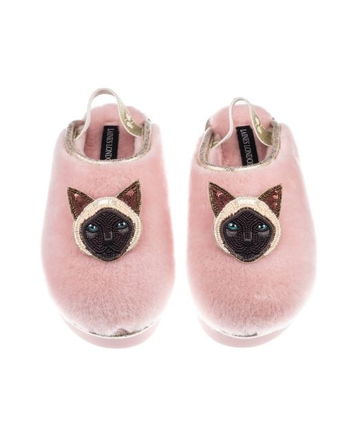 Laines London Pink Flatform Cloud Slippers With Double Siamese Cat Brooches