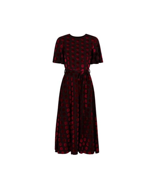 Yumi' Red Burgundy Velour Spot Midi Skater Dress