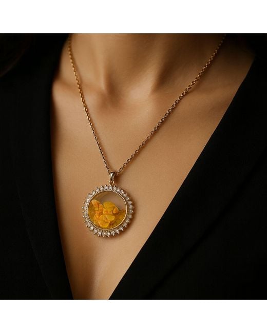 My Little Nature Metallic Plated Amber Stones Necklace With Zirconium