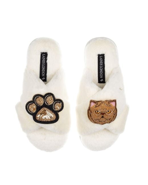 Laines London Metallic Neutrals Classic Laines Slippers With Paw & Ginger Persian Cat Brooches