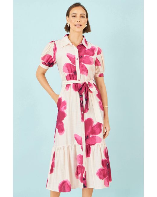 Yumi' Pink Scattered Floral Shirt Dress