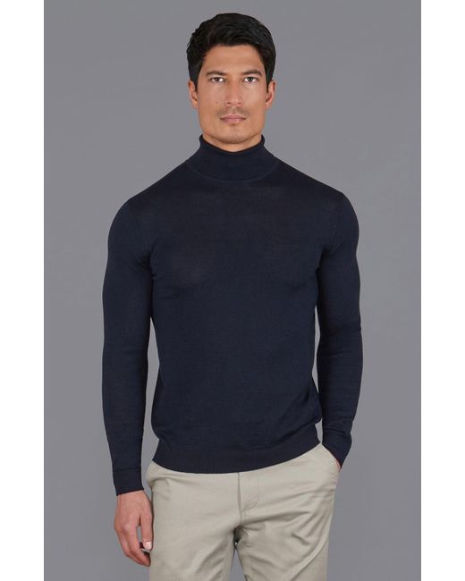 Paul James Knitwear Blue Extra Fine Merino Wool Weston Roll Neck Jumper for men