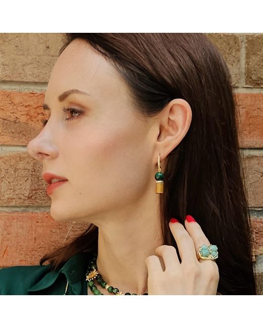 Farra Green Golden Coral With Malachite Dangle Earrings