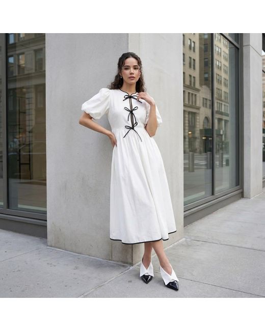 Modenaire White Midi Dress Sculpted Bow Detail