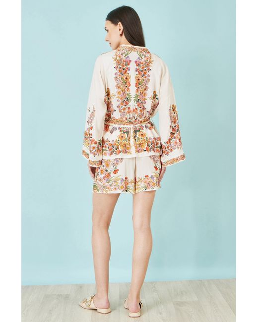 Yumi' Metallic Neutrals Ivory Viscose Floral Border Kimono With Tie Belt
