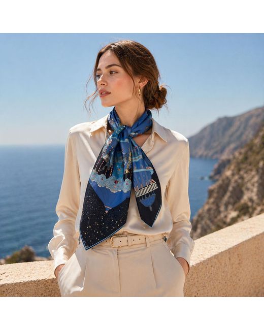 Wenzi Blue Carnival Wonderland Hand Painted Pattern Double Sided Silk Twill Scarf
