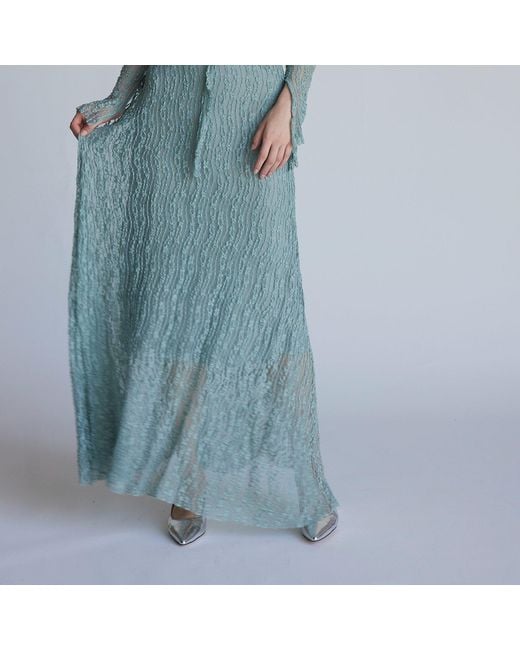 Belsize25 Blue Trumpet Dress Flared Sleeve Sheer Lace Knit Dress