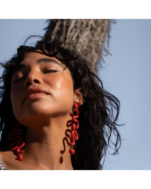 By Chavelli Red Tube Squiggles Dangly Statement Earrings