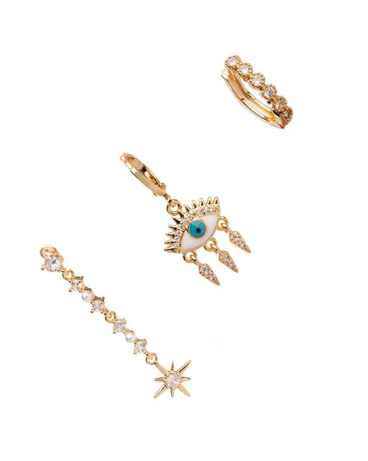 Ebru Jewelry Metallic Guidance Star Evil Eye & Diamond Hoop Protection Trio Earring Set