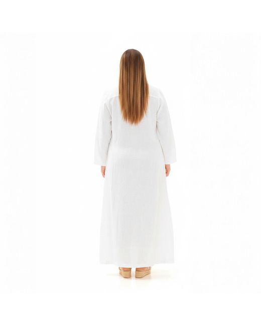 Haris Cotton White Maxi Curve Linen Dress With Front Pleat And Lapels