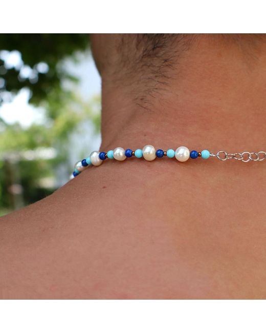 Mineralgems•Studio Blue Pearl Necklace With And Lapis Lazuli Beads for men